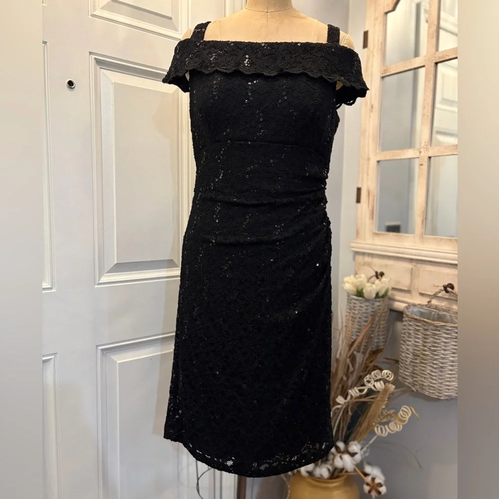 R&M Richards Black Strapless Lace Dress 12 Elegant Dark Romance Sparkly Stunning